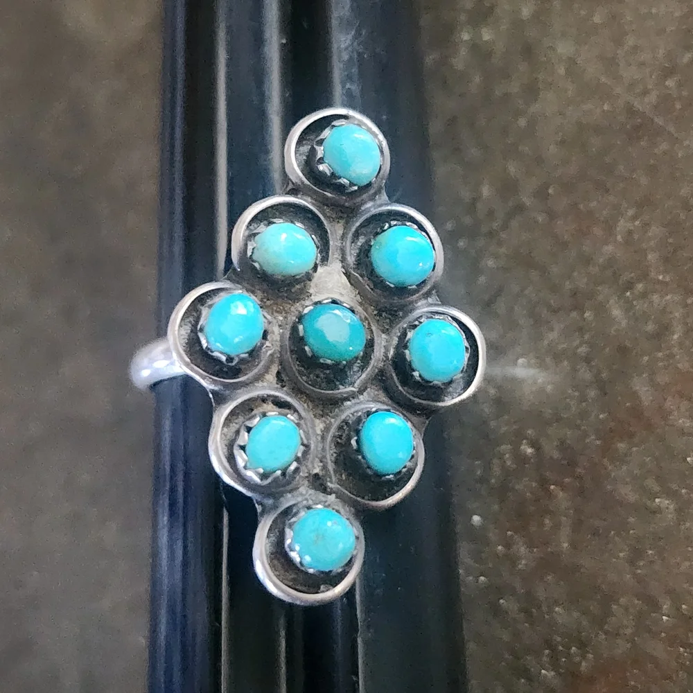 Sterling Silver Cluster Turquoise Ring - Blue Stone Women’s Native American Sz 8